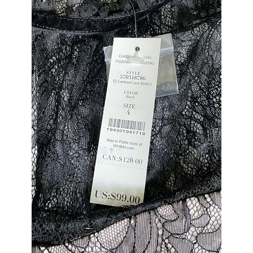 White House Black Market Black Contrast Lace Peplum Top Velvet Trim Size 4 NWT - Picture 2 of 9